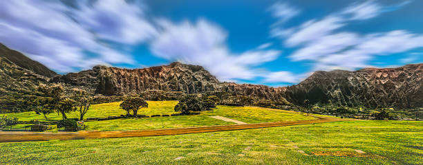 Panoramic landscape_scenery with mountain and blue sky background at Kaneohe town in Oahu island, Hawaii