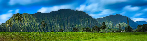 Panoramic landscape_scenery with mountain and blurred  blue sky background at Kaneohe town in Oahu island, Hawaii