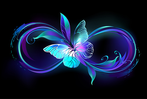 Infinity symbol with magical, purple glowing butterfly with transparent wings, on black background. Glowing butterfly.