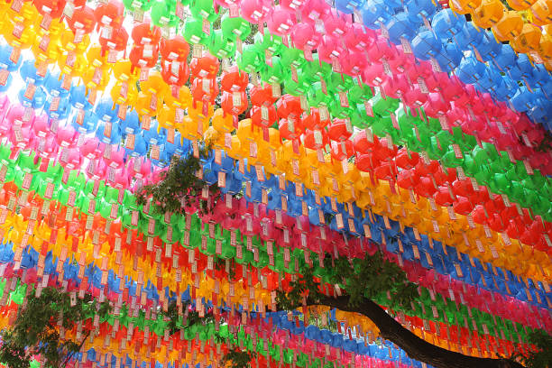 A picture taken from below of colofrul lanterns over Bongeunsa Temple in celebration of the Buddah's birthday