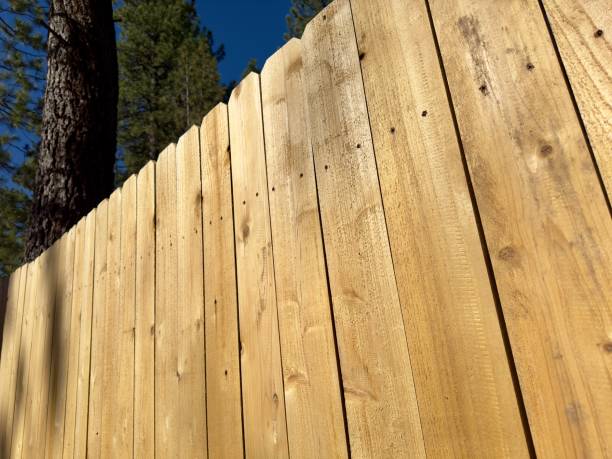 istock A sturdy, rustic wooden fence enclosing a tranquil backyard, adding charm and privacy, blending seamlessly with nature's beauty. 2151204050