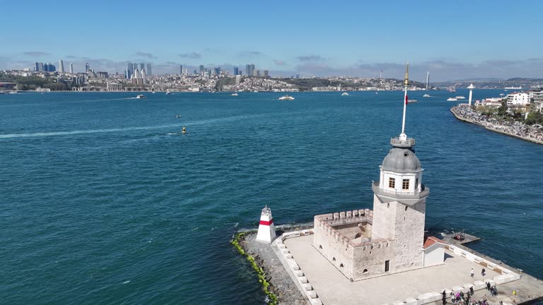 Aerial 4K Footage of Istanbul Maiden Tower (Kız Kulesi) in Istanbul, Turkey.
