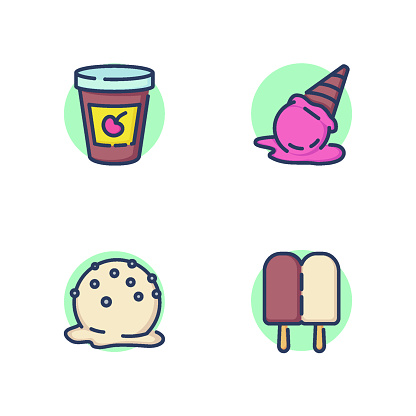 Melting ice cream line icon set. Double ice cream on stick, bucket with cherry, fallen cone, melting bubble. Unusual ice cream concept. Vector illustration for web design and apps
