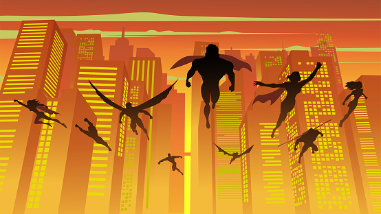 A silhouette illustration of a superhero team flying above a city skyline. Easy to grab and edit.  Wide space available for your copy.
