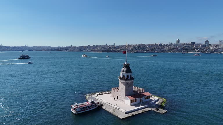Aerial 4K Footage of Istanbul Maiden Tower (Kız Kulesi) in Istanbul, Turkey.