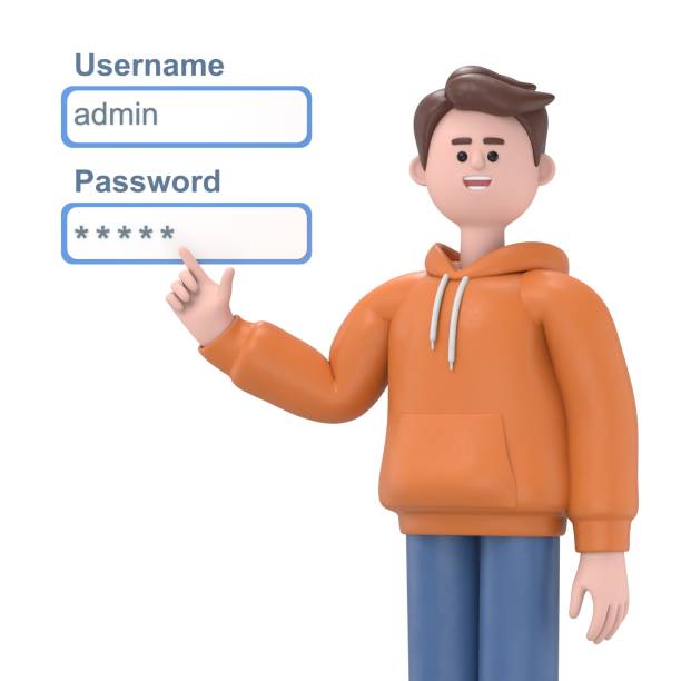 istock 3D illustration of male guy Qadir admin network engineer pushing username and password fields login box.3D rendering on white background 2151209300