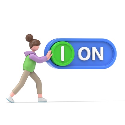 Renae Button 3d Illustration Of Asian Girl Renae Presses A Button Project Start Open ...