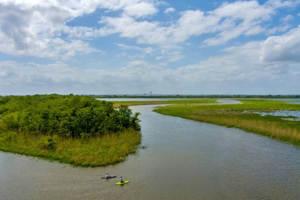 Aerial view of kayaking on Sardine Pass in Mobile Bay, Alabama