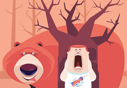 vector illustration of man screaming while bear approaching