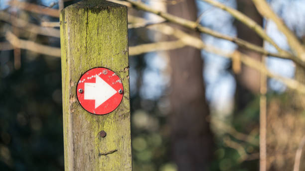 istock Red arrows way marker sign on a trail 2151210831