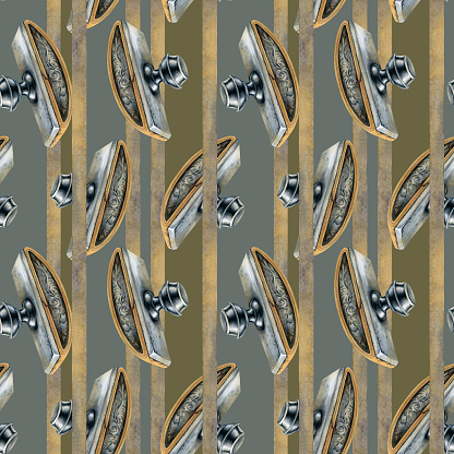 Seamless pattern of silver paperweights and geometric stripes of gold beige ribbon from an old writing set. Watercolor illustration for a template on the themes Book Day, Knowledge Day, antique store.