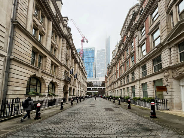 Looking down New Broad Street in the City of London, with construction on the horizon. May 2024
