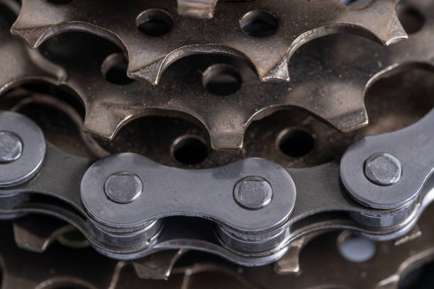 Close-up of bicycle chain and cogwheels. Selective focus
