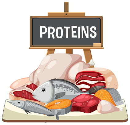 Illustration of various protein-rich foods on a plate.