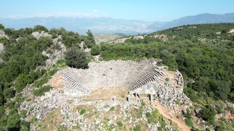 Aerial drone view of the amphitheatre in Pinara Lycia  Ancient City close to Lycian way in Fethiye ,Mugla
