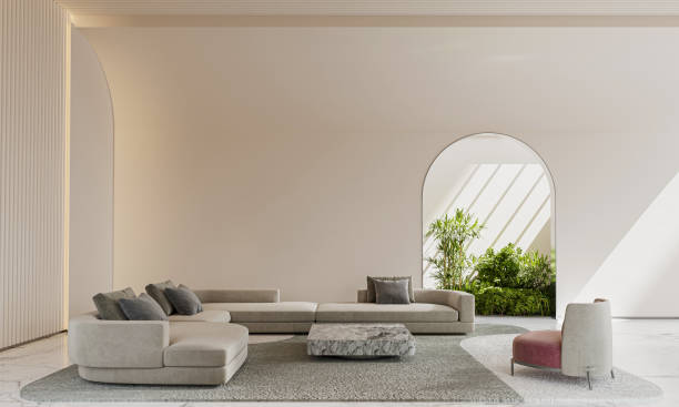 istock Bright modern cozy room interior with big arch window and garden. 3d rendering. 2151220007