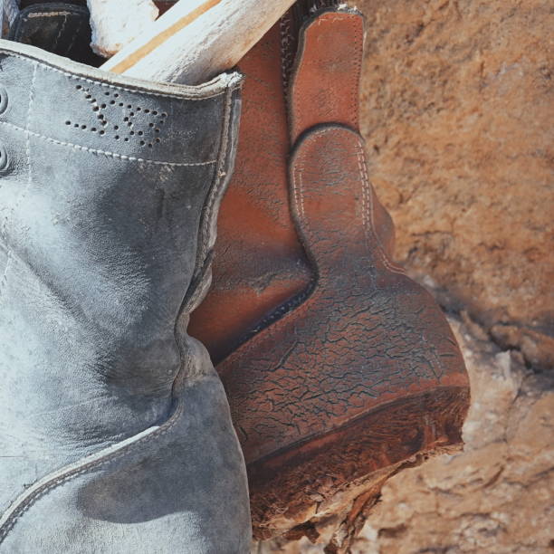 Scuffed, comfortable leather hiking boots in a natural wooded setting.