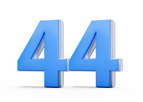 3D Number 44 Forty Four Made Of Blue Body With Silver Outline On White Background 3D Illustration