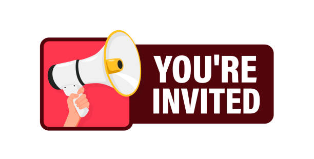istock You are invited. Hand hold megaphone speaker for announce. Attention please. Shouting people, advertisement speech symbol 2151221424