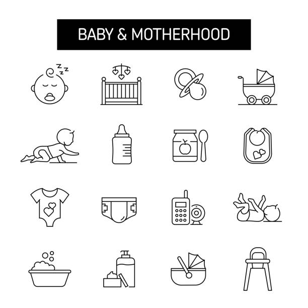 illustrations, cliparts, dessins animés et icônes de baby and mother line icon set. infant, diaper, baby feeding, childhood - enfant doudou