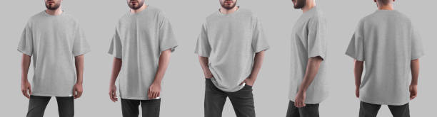 istock Heahter t-shirt oversized mockup on a bearded man in dark jeans, front, side, back view, clothing for design, branding, advertising. Set. 2151221904