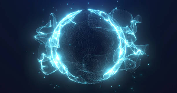 istock Abstract glowing sphere made of particles, dots and waves in blue color, digital technology background 2151222147