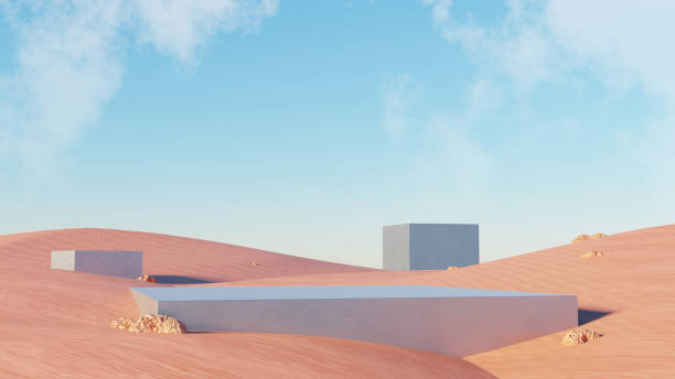 istock 3d Render, Abstract Surreal pastel landscape background with architecture and geometric, beautiful gradient sky scene, lake with clam water, minimal concept. 2151222364