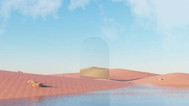 istock 3d Render, Abstract Surreal pastel landscape background with architecture and geometric, beautiful gradient sky scene, lake with clam water, minimal concept. 2151222365
