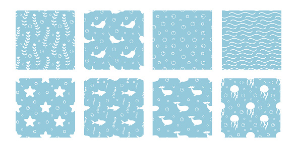 Set underwater seamless pattern. Shark, whale, algae, sea star, wave, bubble, dolphin, narwhal, jellyfish.
