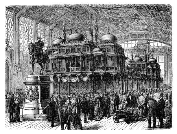 The Vestibule d'honneur with the Indian shadows of the Prince of Wales. World's Fair in Philadelphia 1876 The Vestibule d'honneur with the Indian shadows of the Prince of Wales. World's Fair in Philadelphia 1876 philadelphia aerial stock illustrations