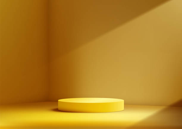 istock 3D yellow podium sits in a corner of a yellow studio room background, modern concept, product display, mockup, showroom, showcase 2151228282