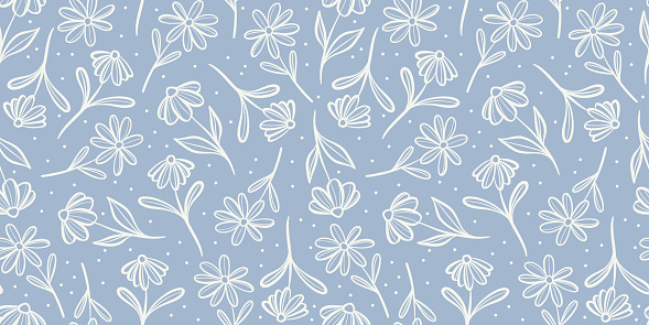 Blue seamless floral pattern, cute daisy flower background design