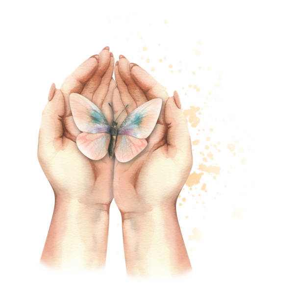A white woman's hands are folded into a butterfly. Realistic hand-drawn watercolor illustration. Composition isolated from the background. For Women's Day, Mother's Day, Birthday themes