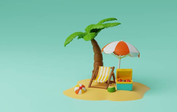 istock Beach with Chair and Umbrella,Coconut Water and Ice Box. 3D Render 2151232654