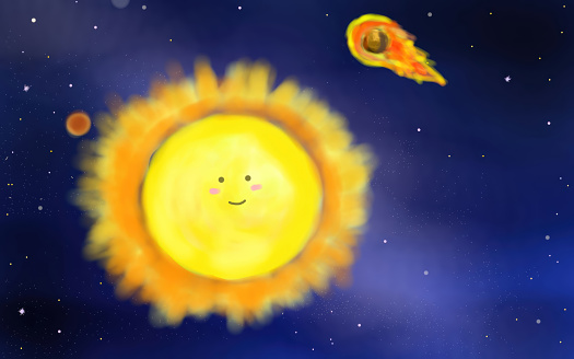 Cute smiling sun and comet in a starry sky. Whimsical cosmic illustration with happy celestial bodies. Concept of space-themed art, children's astronomy, happy stars, and playful universe.