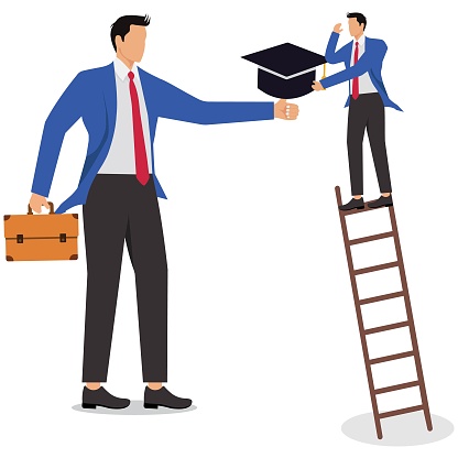 Getting higher and better academics and education, self-study education and self-improvement, businessmen climbing ladders to climb to pick the graduation cap on their giant thumbs