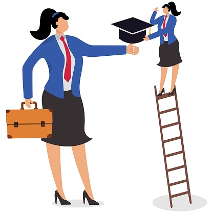 Getting higher and better academics and education, self-study education and self-improvement, businesswomen climbing ladders to climb to pick the graduation cap on their giant thumbs
