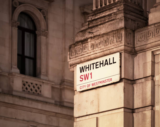 Night photograph of a sign for Whitehall in Westminster, London, on the corner of Downing Street.