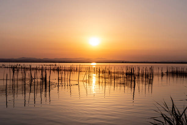 Couché de soleil en Espagne avec des filets de pêche