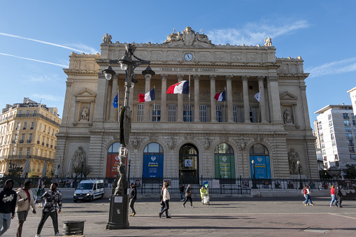 Marseille, France - March 24, 2024: Facade of the  building of Stock Exchange and Chamber of Commerce, (Bourse et Chambre de Commerce, in french), located in La Canebiere street, Marseille, France
