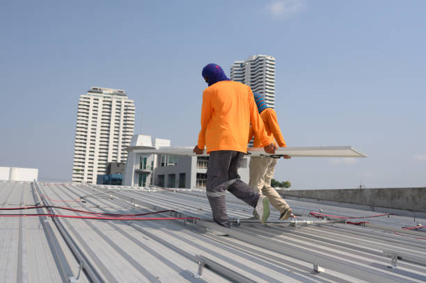 Worker installs solar panels. Worker installs solar panels at a solar farm field.