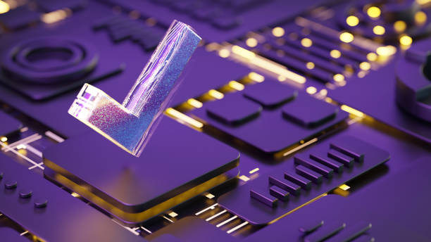 istock Check mark symbol. Check mark icon on abstract 3D purple background with yellow glowing elements as symbol of network server or computer network 2151240905