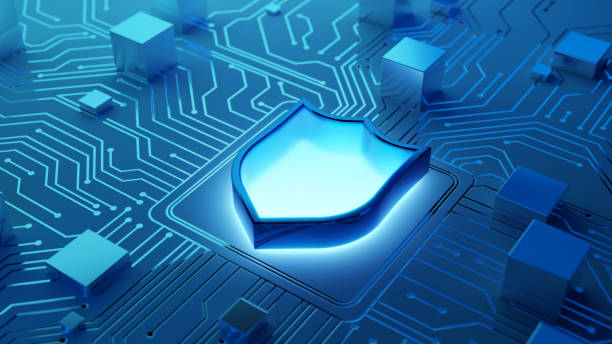 istock Digital security and safety concept. Glowing blue shield icon on the abstract circuit board 2151241298