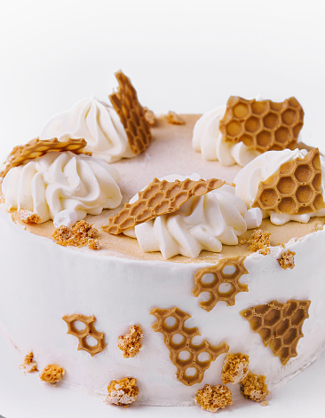 Beautifully decorated cake featuring honeycomb designs and whipped cream on a white backdrop