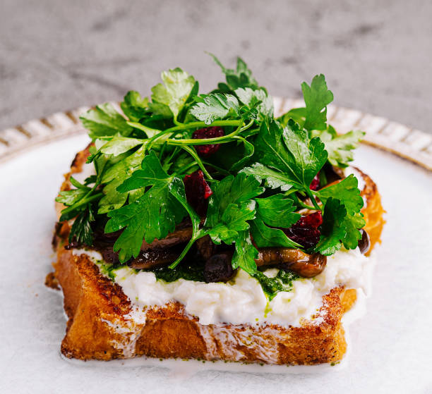 istock Gourmet open-faced mushroom sandwich on rustic plate 2151242071