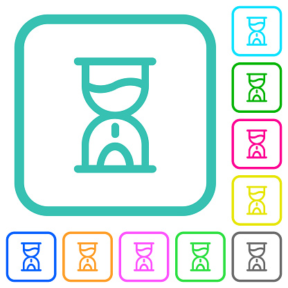 Sandglass outline vivid colored flat icons in curved borders on white background