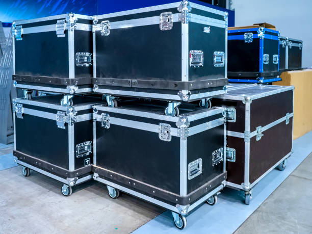 istock Concert equipment transportation. Boxes on wheels. Boxes with metal edging. Storage equipment. Container on wheels. 2151246967
