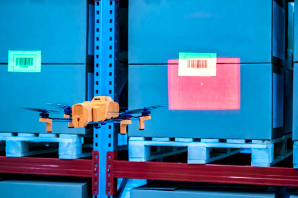Drones scans barcode. Modern warehouse. Inventory in stock. Drone reads the barcode boxes in stock. Automation. Storage management. Responsible storage. Warehouse inspection.
