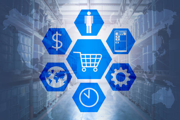 istock E-commerce logistic. Symbols of e-commerce on background of continents. World map symbolizes delivery services. Logistic services for online business. E-commerce icons on background of warehouse 2151247254