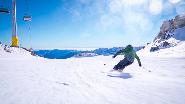 istock Professional ski instructor speed skiing on Italian Alps (Monte Rosa) 2151247513